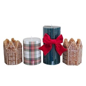 4 Ashland Christmas Gingerbread Village Candles (Unscented) Green Plaid Red Bow